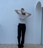 Striped See-Through Long Sleeve Top-Outfit