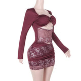 Purple Patchwork Long Sleeve Bodycon Mini Dress- Outfit