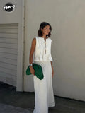 Women Elegant White Long Skirt Sets Fashion O-neck Sleeveless Lace Up Pleated Ruffles Vest Suits Summer Female Commuting