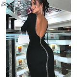 Diamond Decorative Backless Dress Women Long Sleeve Slash Neck Autumn Winter Sexy Slim Midi Dress Elegant