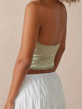 Sexy Women Satin Halter Mini Vest Lace Trim Front Bowknot V-Neck Backless Cropped Camis Off Shoulder Party Tank