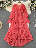 Chiffon Pleated Long Dress Women Vintage V-Neck Flare Sleeve Draped Ruffle Vestido Female Maxi Robe Spring