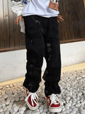 Men's Stitch Detail Distressed Black Loose Jeans-Outfit