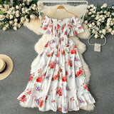 Zingj 2024 New French Vacation One-Line Collar Off-Shoulder Short Sleeve Closed Waist Slim Flower Long Grandiflorum
