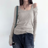 Color Simple Pit Strip Slimming Retro Fashion Single Bare Shoulder Long Sleeved Two-Piece Blouse 2024 Spring / Summer New