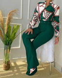 Trend Casual Leaf Print Buttoned Shirt &amp; High Waist Pants Sst Two Pieces Set Women Tracksuit Office