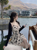 Long Sleeve Knit Cardigan Crop Coat Two-piece Dress Ladies Drawstring Floral V-neck French Suspender Robe Suit