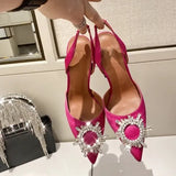 and American 2021 Summer New Pointed High Heel Women's Shoes SUNFLOWER Drill Buckle Closed Toe Wine Cup Heel
