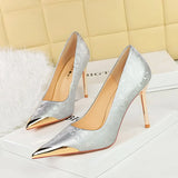 Zingj National Style Women's Shoes High Heels Silk Thin Heel Shallow Metal Pointed Head Satin Banquet High Heel Singles