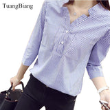 New Spring Three Quarter Sleeve Stand Collar Shirt Women Blue And White Striped Loose Plus Size Blouse Female Vintage