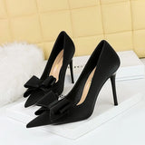 Zingj Korean Version Fashion Thin Heels, Silk, Shallow Pointed Bow Single High Heel Women's