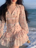 Summer Sweet Two Piece Set Sexy Backless Shirt Crop Top + Cake Skirt Suits Floral Chiffon Boho Beach Outfits For