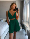 Summer V Neck Strap Crop Top + High Waist Shorts Women's Solid Color