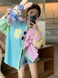 Spring Summer Women's Blouse Kawaii Shirt Korean Sweet Candy Color Patchwork Striped Long Sleeve Tunic Beautiful
