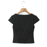 Striped Square Neck Short Sleeve Double Zipper Top-Outfit