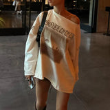Breeze Loose Retro Print Shoulder-Exposed Long-Sleeved T-Shirt Summer Slant Collar Small Sexy Casual
