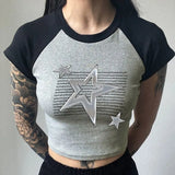 Zingj Girls Basic Top 2023 Summer Metal Five-Pointed Star Print Rotator Sleeve Contrast Color Round