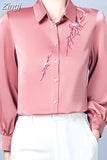 Women's Shirt Blouses for Women Solid Embroidered Long Sleeve Top Woman Polo Neck Clothing Female Button Up Basic