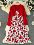 Women Two Piece Set Beach Vacation Long Sleeve Cardigans + Floral Spaghetti Strap Midi Dress Female Suit New