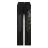 Street Style 2023 Women's Wear Butterfly Embroidery Retro Design Low-Waisted