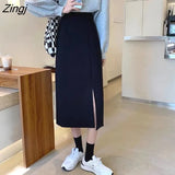 Skirts Women Korean Style Solid Ladies Design Temperament Autumn Feminino Side-slit All-match Leisure New College