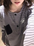 Striped Long Sleeve T-shirt Women Japanese Fashion Y2k Aesthetic Grunge Tees Streetwear All Match Pocket Top