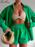 Tracksuit 2022 Shirt Shorts Two Piece Set Green Long Sleeve Top And Mini Shorts Suit Female Summer Lady Fashion