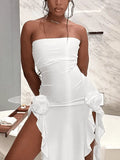 Split Ruffle Mesh Bandeau Maxi Dress- Outfit