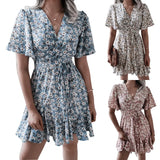 Women Dresses chiffon summer Sexy V Neck Floral Print Boho Beach Dress Short Sleeve A Line Mini Dress Wrap