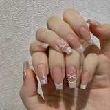 Zingj Pure Desire Blush Nail White French Striped Ballet Shoes Fake Nail Pearl Diamond Beautiful Nail