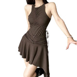 Zingj Summer New Women's Fashion Pure Color Sexy Cuffess Waist Diagonal Dress Woman-Outfit