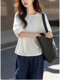 Collar Seven-Sleeved T-Shirt Girl 2025 Summer New Relaxed Leisure Age Cut Lantern Sleeve