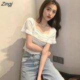 Women Puff Sleeve Pleated Square Collar Pullover Solid Elegant Chic Womens Korean Style Slim Simple Trendy Soft Sexy