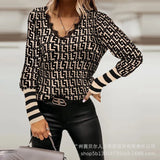 Zingj Spring And Autumn Plaid Knit Stitching Lace Top V Neck Fashion Long