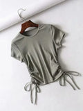 Side Drawstring Tie Up Ruched Tank Tops Women Solid Color Slim Crop Top Ladies Streetwear Ribbed Knitted
