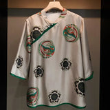 A New Retro National Style Imitation Silk Printing Pearl Button Slanted Chinese-Style Trimmed Blouse In