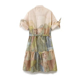 Summer Women's Wear New Lapel Color Printing With Belt Short Dress