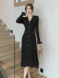 Dress 2024 Autumn/Winter New French Style Single Breasted Fish Tail Knit Dress Fashion Hollow Out Stretch Knit