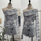 Tie-Dye-Print Mesh Folded Long-Sleeved T-Shirt With A Word-Collar Slanted Shoulder-To-Back Short Top