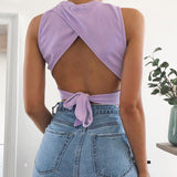 backless women tank top bandage slim crop top summer 2024 casual streetwear tops solid cotton soft criss cross