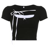 And Spicy Girls With Square Neckties And Bows Knit Short-Sleeved Blouse Girl's Pleated Spliced