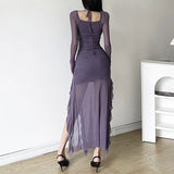 Zingj Temperament Flounce Square Collar Slit Dress Female Solid Color Long Sleeve Strap Wrap Buttock Long