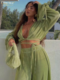 Sexy Green Pants Set Women Casual Loose Bandage Blouses Shirt Matching Wide Leg Trousers Suit Elegant 2 Piece Pant