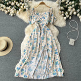 Zingj Dress Female Summer French Grandiflorum One Word Shoulder Short Sleeve Fairy Dress Super Fairy Tea Break Slit Over The Knee Long