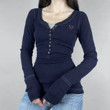 Vintage Embroidery Top-stitching Breasted Long Sleeve Tee-Outfit