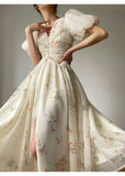 Print Long Dresses for Women 2023 New Summer French V-neck Beading Puffy Sleeve Female Clothes Elegant Party Slim