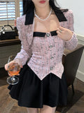 Elegant Tweed 2 Piece Dress Set Black Short Blazer Coat Sweet Y2k Mini Dresses Women Autumn Fashion Suit OL