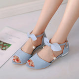 SGESVIER Ladies Low Heel Sandals 2018 New Summer Peep Toe Buckle Strap Bowtie Shoes Woman Party Shoes White Blue Pink