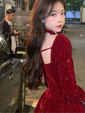 Hot Girl Red Velvet Dress Women's Autumn/Winter Christmas Square Collar Long-sleeved Slim Fit A-line Dress Female