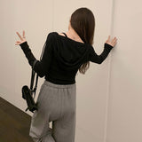 V-Necked, Shoulder Padded, Long-Sleeved T-Shirt With New Autumn And Winter Waist And Short Style Lazy Wind